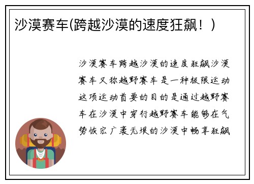 沙漠赛车(跨越沙漠的速度狂飙！)